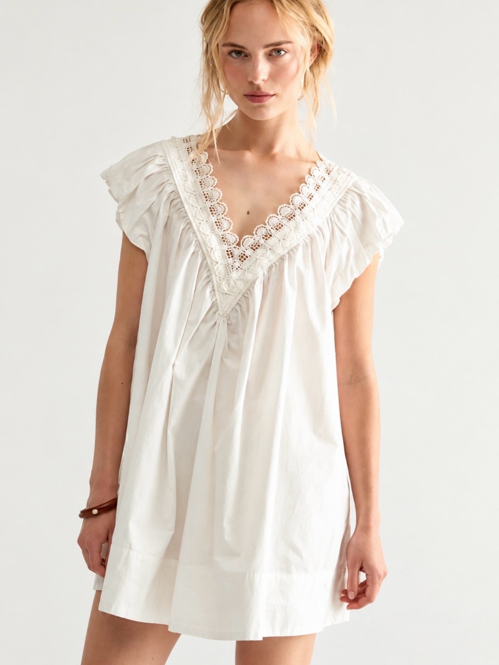 Free People Sugar Swizzle Ivory Boho Lace Babydoll Mini Dress M NWT - Picture 3 of 9